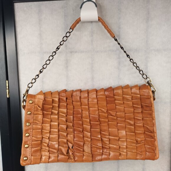 Akira Black Label Tan Leather Ruffled Clutch Purse w/Strap Small - Picture 2 of 13